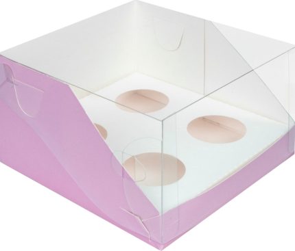 Коробка на 4 капкейка с пластиковой крышкой, цвет розовый, размер 16*16*10 см